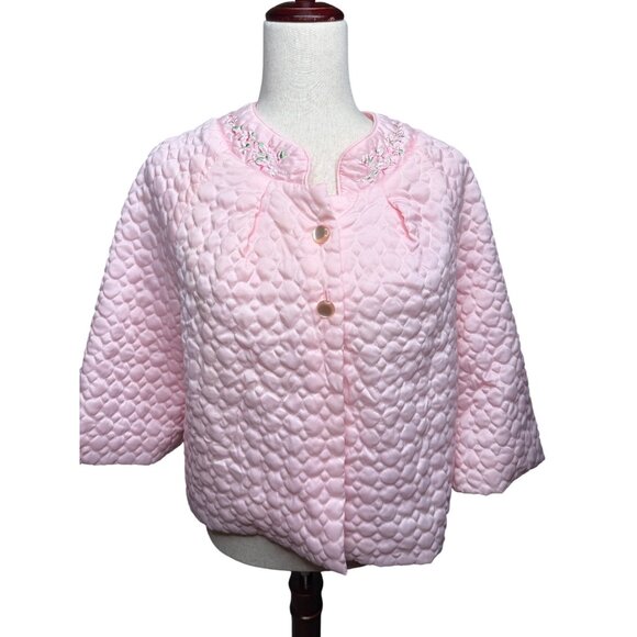 Vtg 50s Barbizon Pink Quilted Bed Jacket Floral Embroidery Cottage Grannycore - Picture 1 of 13